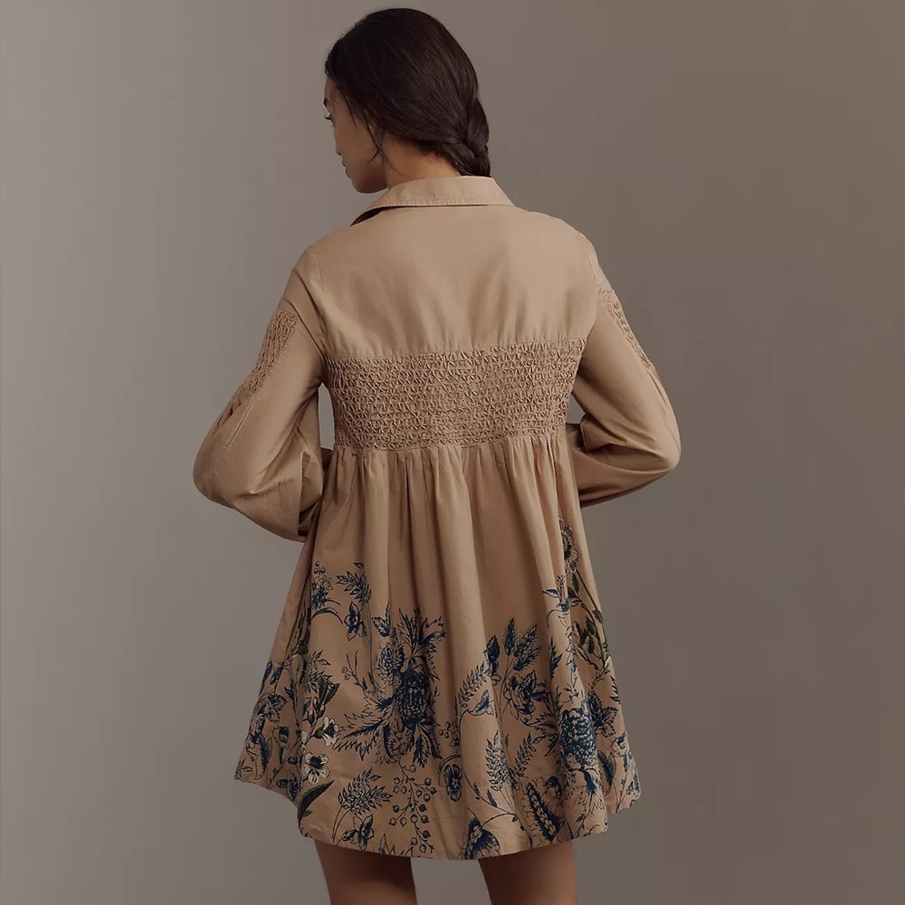 NWT! Anthropologie Maeve Smocked Long Sleeve Mini Shirt Dress - SMALL PETITE 🎢 - Picture 2 of 5